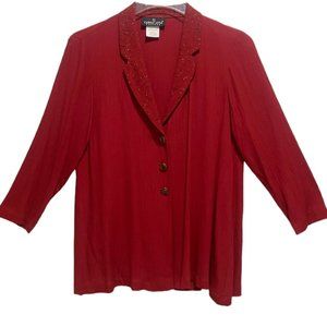Carol Little Petites Red Gold Sparkle Accent Collar Button Up Blouse Size 4